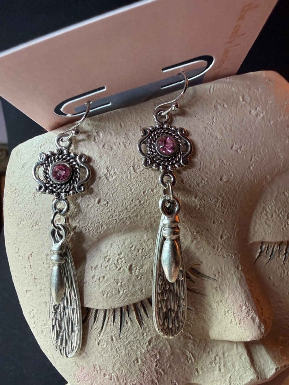 Silver Tone Pink rhinestone Dangle Earrings